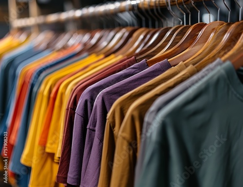A rack of colorful tshirts hanging on wooden hangers in an industrial setting, representing diverse color options for custom designs and logos on the front or back. 