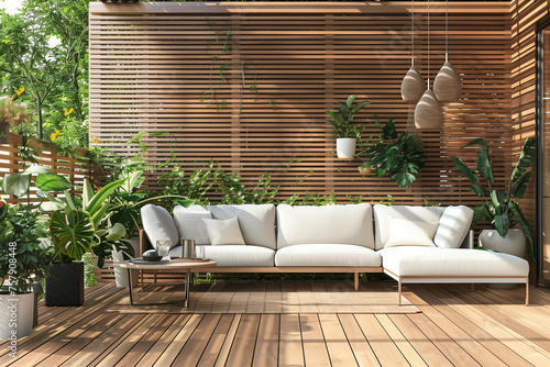 A modern wooden terrace with a white sofa and wood slats on the wall, a wooden floor, a side table with plants in pots, a garden light, in the style of Scandinavian