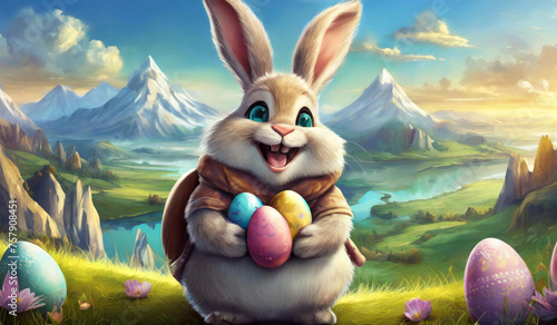 cute easter bunny rabbit and egg in hill with green fields and colorful flower on a bright day