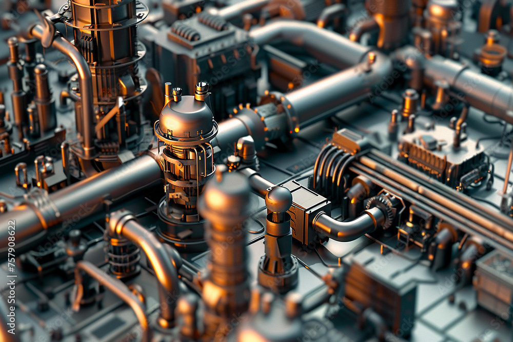 Capture the intricate machinery and complex processes of a heavy factory in stunning detail.