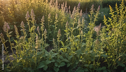 duftende frische gr  ne Kr  uter in einem alten Bauern Garten in den Strahlen der Morgensonne in goldener Stunde  heilende Wirkung  Ernte Anbau Kultivierung  Gew  rze K  che lecker gesund vegan mediterran