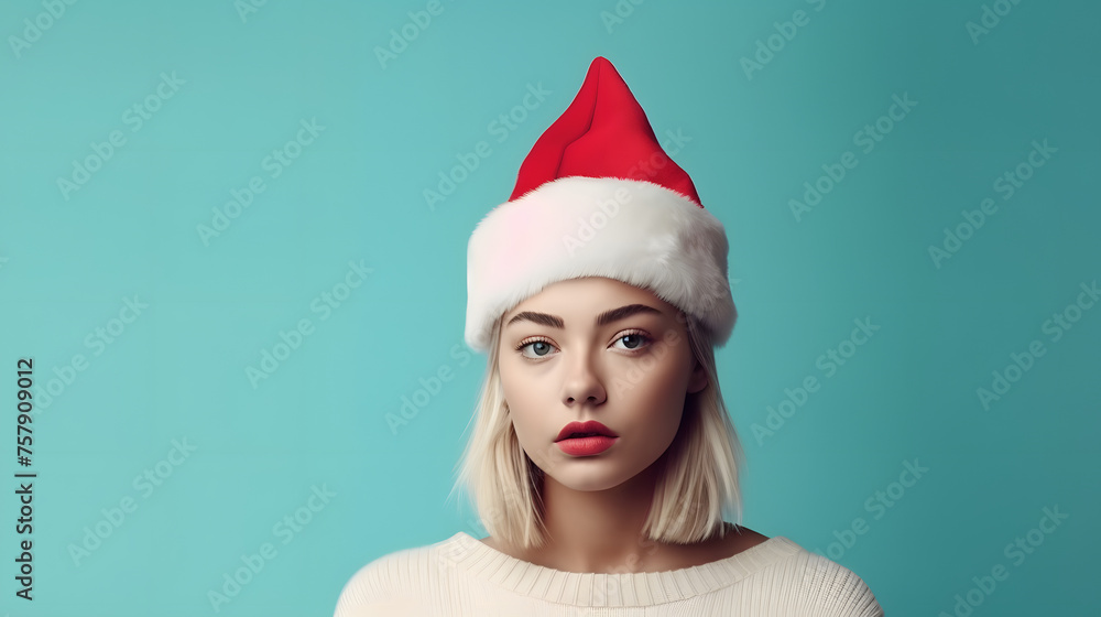 concept. with a place for text. young girl wearing Christmas santa claus hat concept. with a place for text. young girl wearing Christmas santa claus hat