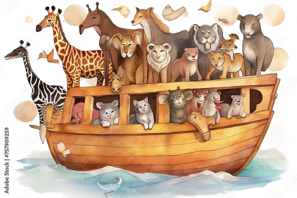 paint flood watercolor Vector animals many Cartoon character Realistic Noah ark wildlife design s paper concept textured