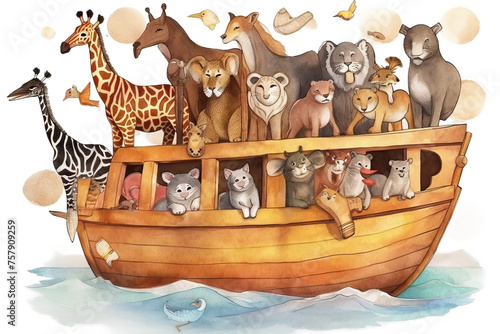 Obraz na płótnie paint flood watercolor Vector animals many Cartoon character Realistic Noah ark wildlife design s paper concept textured w salonie