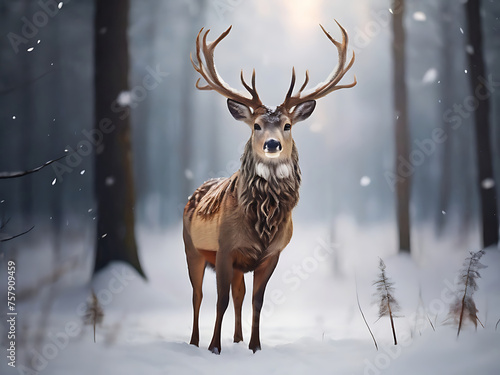 Noble deer male in the winter snow forest. Artistic winter Christmas landscape. © ShaikhMuhammad
