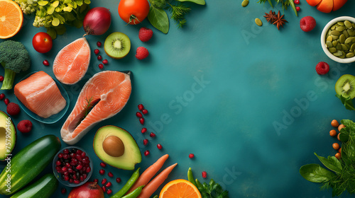 A colorful array of fresh fruits  vegetables  and salmon filets artfully arranged on a vibrant teal background  inviting a healthy lifestyle