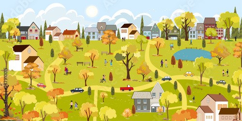 Spring landscape in city with happy people walking at the park,Vector illustration cartoon Summer season in the town with green foliage,Peaceful panorama natural in the town