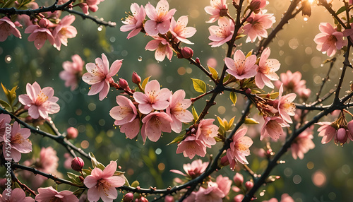 Nahaufnahme Blüten mit frischen Tau Tröpfchen Wasser Regen leuchtende Blume rosa im Frühling Pollen für Honig und Nahrung, Pflanzen Obstbaum, Kirschblüte, Apfel, Früchte, Hintergrund Sommer Sonne