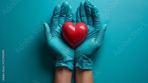 Medical gloves holding heart symbol on vibrant blue background 