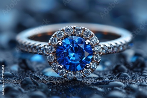 White gold ring with blue sapphire and diamonds, selective focus