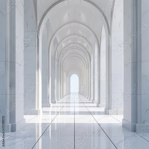 Minimalist white marble cathedral facade clean lines and arches in harmony