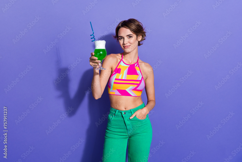 Photo of stunning lovely girl hold tasty mojito summer vacation enjoyment pleasure isolated on purple color background Photo of stunning lovely girl hold tasty mojito summer vacation enjoyment pleasure isolated on purple color background