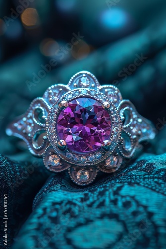 Top view silver ring with purple stone