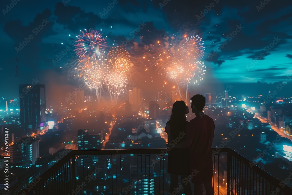 A couple is standing on a rooftop looking at fireworks A couple is standing on a rooftop looking at fireworks