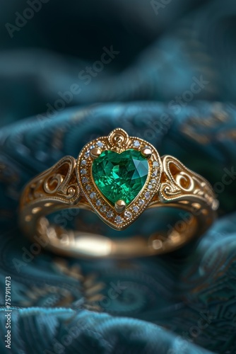 Top view of a gold jewelry ring with green emerald stones in the shape of a heart, selective focus