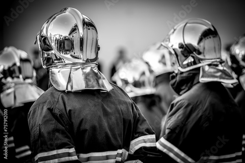Equipe de Sapeurs Pompiers dans une caserne française pendant une cérémonie. photo