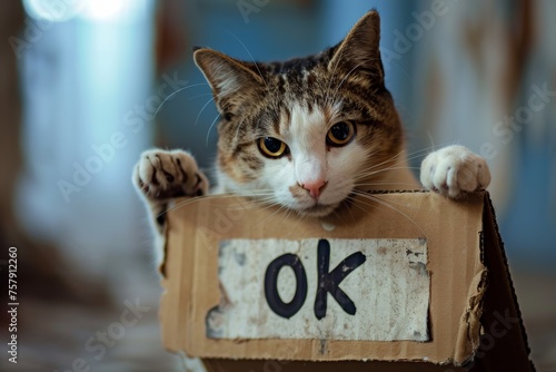 cat holds sign with inscription ok ,agreement concept