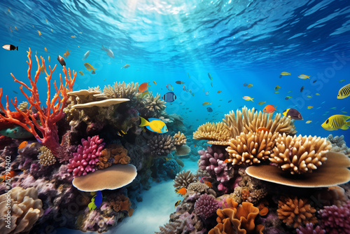 A magnificent coral reef under clear turquoise waters  bustling with diverse marine life. Generative AI tools