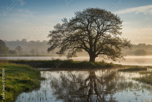 tree in bloom by a tranquil lake