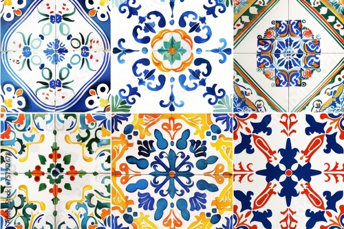 Traditional ceramic tile patterns from Portugal. Vibrant and colorful mosaic of traditional Portuguese ceramic tiles with intricate floral and geometric patterns