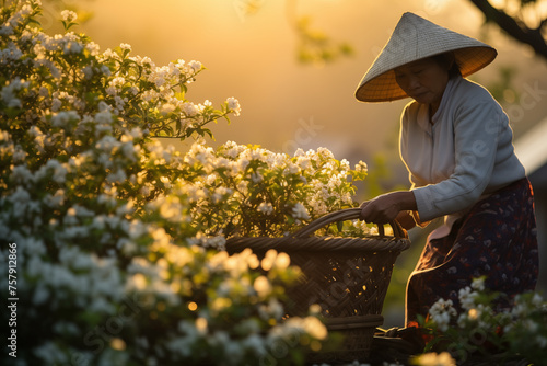 A local resident in Asia collects jasmine at sunset. Generative AI tools