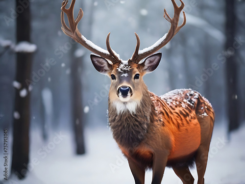 Noble deer male in the winter snow forest. Artistic winter Christmas landscape.