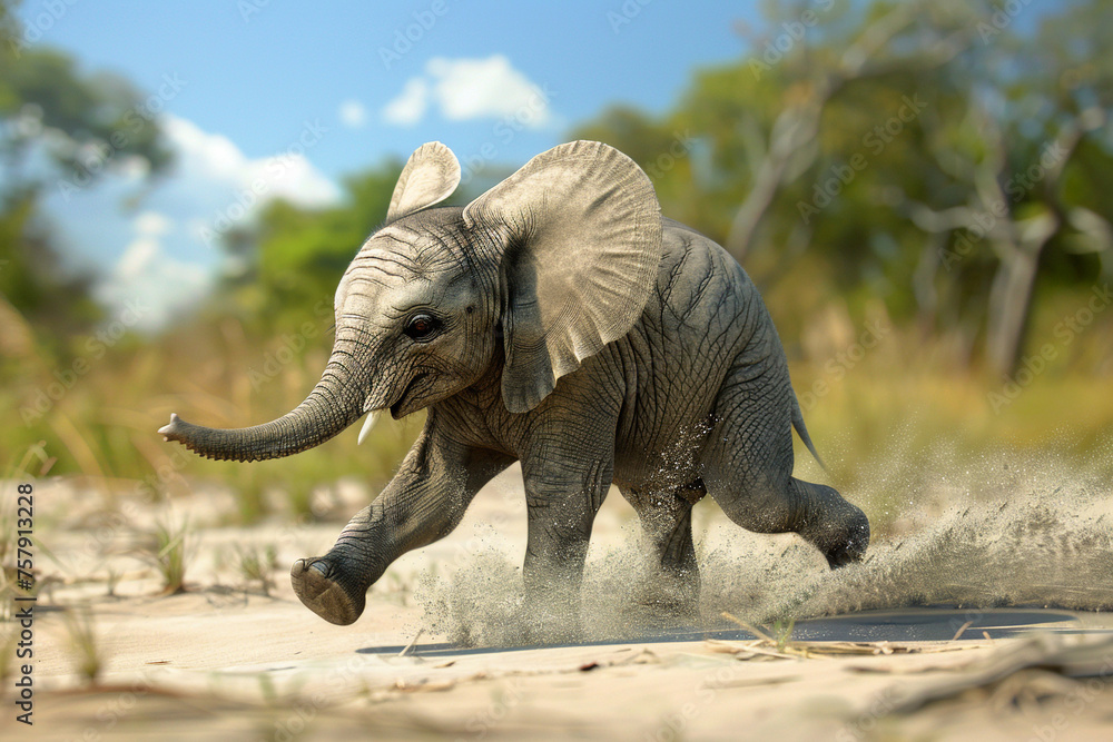 Fototapeta premium Elefanten in der Wildnis - junger rennender Elefant