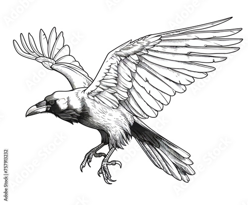 a black and white drawing of a bird with wings spread