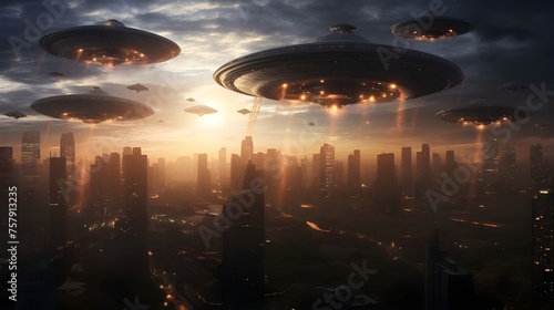 Flotta ufo che aleggia sopra una città di notte illustrazione fantascientifica per poster 