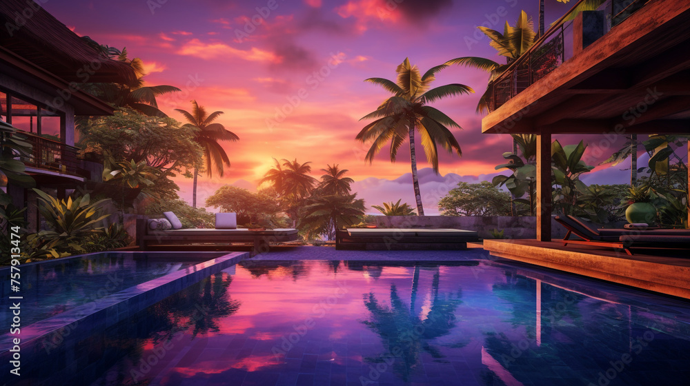 villa, blue pool, watermelon, birds of paradise, purple orange sky created with Generative Ai