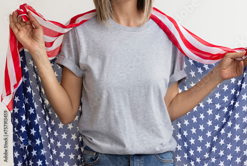 4th of July USA Independence Day , Girl Gray t shirt mock up. Copy space Grey t-shirt model. Celebration memorial day in America Athletic Heather t shirt 