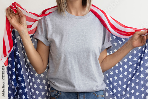 4th of July USA Independence Day , Girl Gray  t shirt mock up. Copy space Grey t-shirt model. Celebration memorial day in America Athletic Heather t shirt
