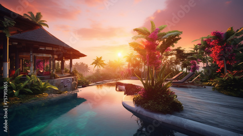 villa, blue pool, watermelon, birds of paradise, purple orange sky created with Generative Ai © Maria
