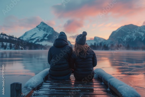 A couple is sitting on a dock overlooking a lake
