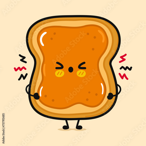 Angry Toast piece of bread with peanut butter. Vector hand drawn cartoon kawaii character illustration. Isolated on brown background. Sad Toast piece of bread with peanut butter character concept