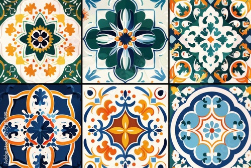 Traditional ceramic tile patterns from Portugal. Vibrant and colorful mosaic of traditional Portuguese ceramic tiles with intricate floral and geometric patterns