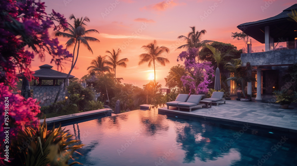 Fototapeta premium villa, blue pool, watermelon, birds of paradise, purple orange sky created with Generative Ai