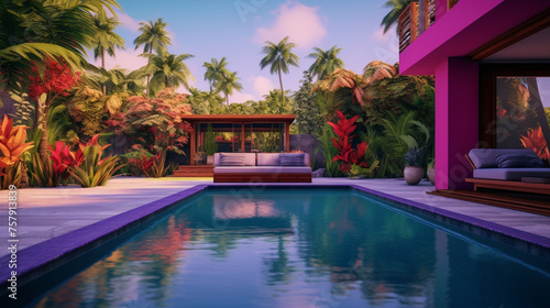 villa  blue pool  watermelon  birds of paradise  purple orange sky created with Generative Ai