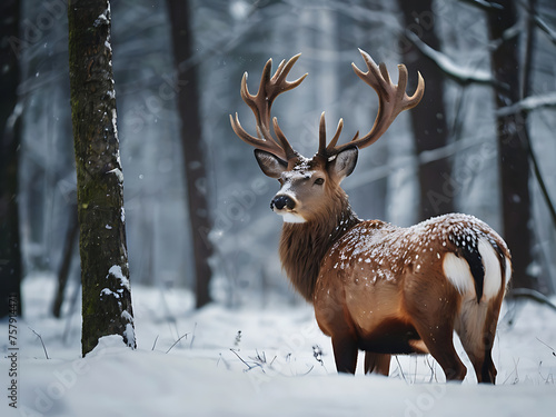 Noble deer male in the winter snow forest. Artistic winter Christmas landscape.