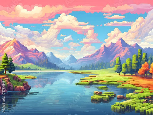 Pixel art illustration depicts a vibrant colorful landscape © Noboru