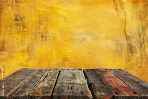 Wooden deck table on yellow grunge background - generative ai