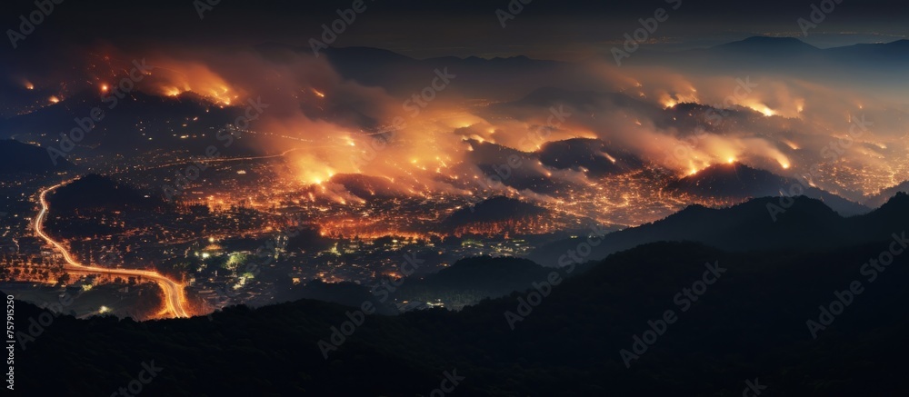 view from the top of the forest fire at night to the edge of town