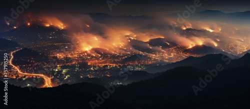view from the top of the forest fire at night to the edge of town