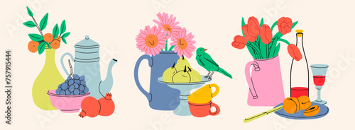 Classical still life pictures set. Flowers in vase, fruits on plate, bottle with drink. Hand drawn colorful Vector illustration. Isolated design elements. Poster, icon, logo, print templates
