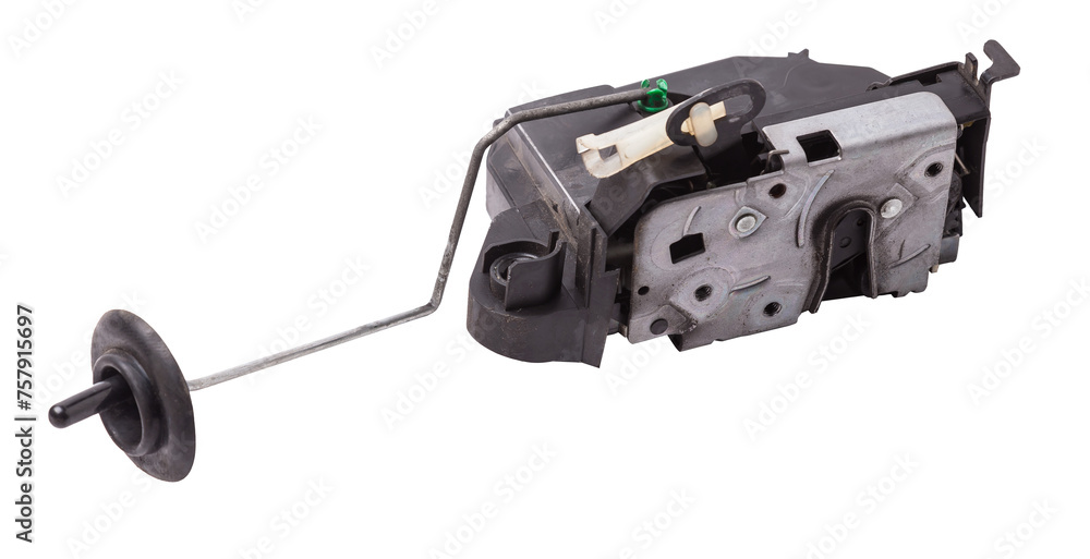 Detail of a car spare part made of black plastic and metal - door lock separately isolated on a white background. Repair in a car workshop, equipment for sale. Detail of a car spare part made of black plastic and metal - door lock separately isolated on a white background. Repair in a car workshop, equipment for sale.