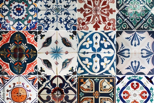 Traditional ceramic tile patterns from Portugal. Vibrant and colorful mosaic of traditional Portuguese ceramic tiles with intricate floral and geometric patterns