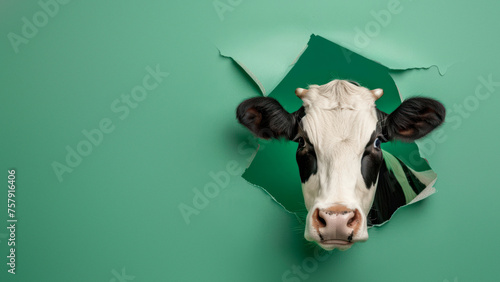 A charming cow head emerges through a hole in a green background, giving a gentle and friendly aura photo