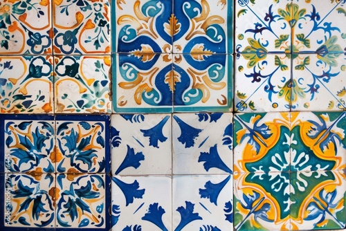 Traditional ceramic tile patterns from Portugal. Vibrant and colorful mosaic of traditional Portuguese ceramic tiles with intricate floral and geometric patterns