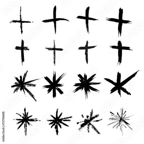 crosses_1Set of trendy black crosses and stars. Hand drawn geometric doodles, starburst doodles, modern retro grunge punk sticker design. Flat vector illustration