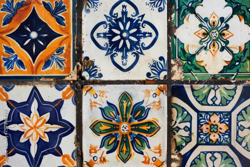 Traditional ceramic tile patterns from Portugal. Vibrant and colorful mosaic of traditional Portuguese ceramic tiles with intricate floral and geometric patterns